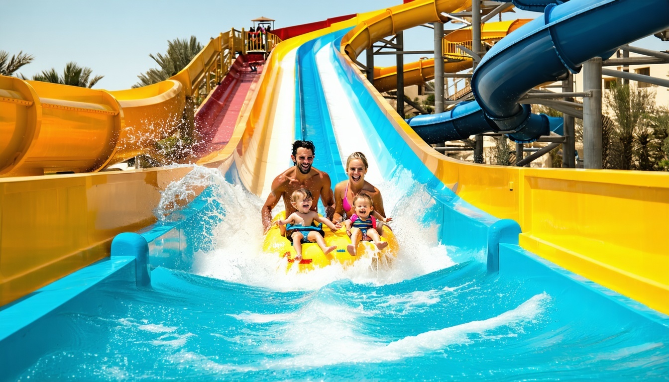 Family enjoying water slides at a top-rated water park in the UAE