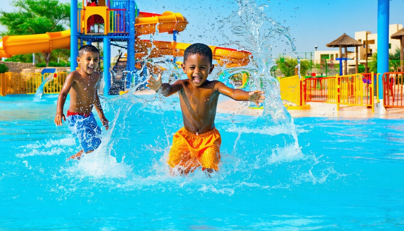 Children playing in a splash zone at a popular UAE water park
