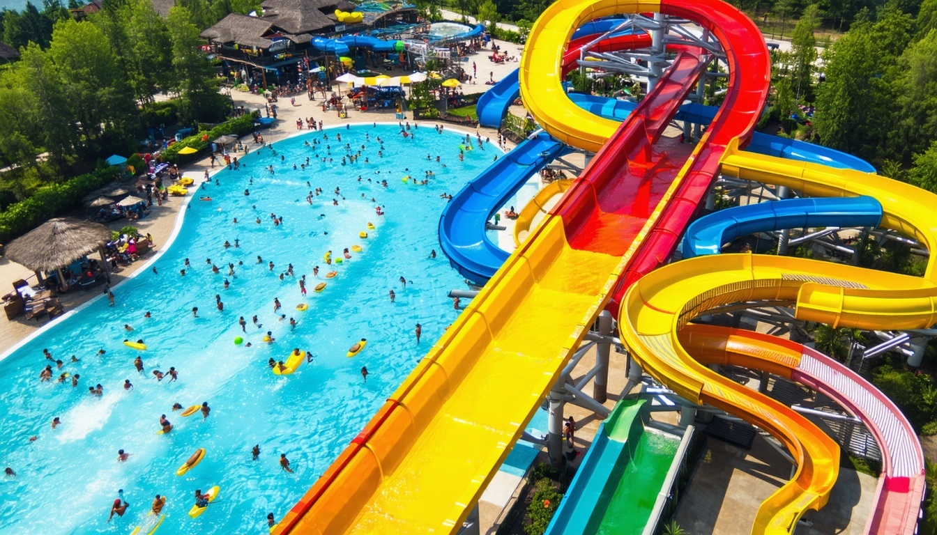 Aerial view of a vibrant water park with various attractions