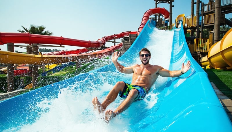 Enjoying a water slide at a top-rated water park in Dubai Enjoying a water slide at a top-rated water park in Dubai