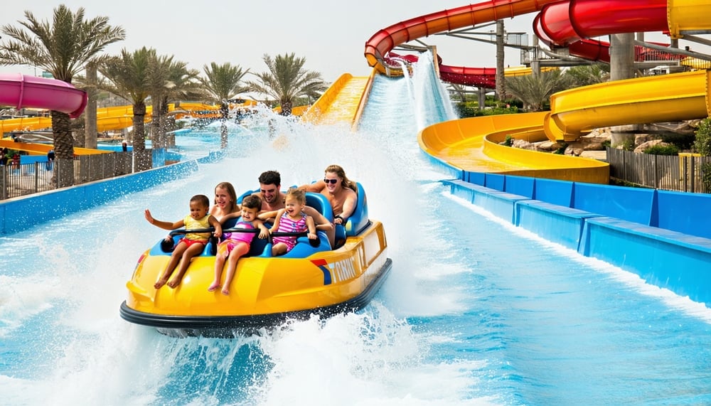 Families enjoying rides at a Dubai water park Families enjoying rides at a Dubai water park