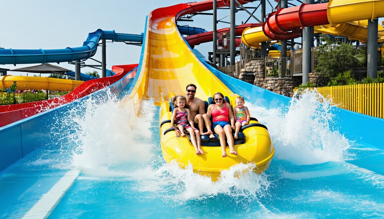 Families enjoying rides at a water park