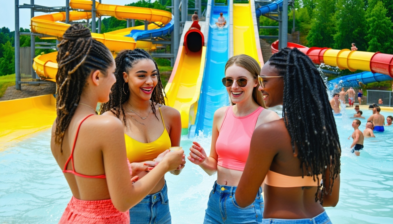 Group of friends receiving visitor tips at a water park